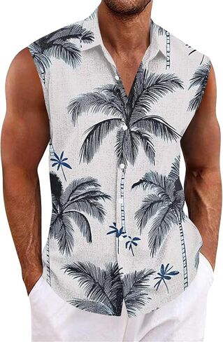 قميص بدون أكمام للرجال من Hawaiian Aloha بدون أكمام - سترة علوية كاجوال بأزرار سفلية مع ياقة صيفية للشاطئ الاستوائي in Kuwait
