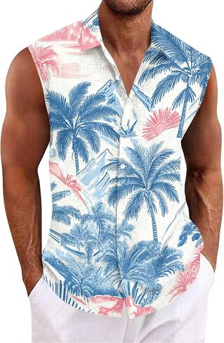 Tank Tops Men Sleeveless Hawaiian Aloha Shirt - Casual Button Down Tank Top Vest with Collar Summer Beach Tropical in Saudi Arabia
