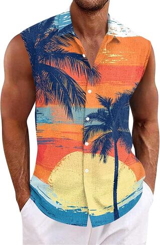 Tank Tops Men Sleeveless Hawaiian Aloha Shirt - Casual Button Down Tank Top Vest with Collar Summer Beach Tropical in Saudi Arabia