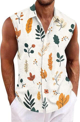 Tank Tops Men Sleeveless Hawaiian Aloha Shirt - Casual Button Down Tank Top Vest with Collar Summer Beach Tropical in Saudi Arabia