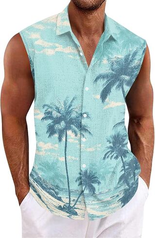 Tank Tops Men Sleeveless Hawaiian Aloha Shirt - Casual Button Down Tank Top Vest with Collar Summer Beach Tropical in Saudi Arabia