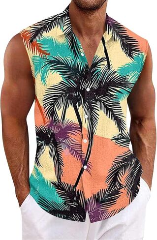 Tank Tops Men Sleeveless Hawaiian Aloha Shirt - Casual Button Down Tank Top Vest with Collar Summer Beach Tropical in Saudi Arabia