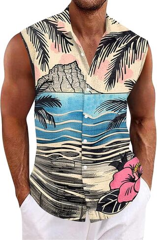 Tank Tops Men Sleeveless Hawaiian Aloha Shirt - Casual Button Down Tank Top Vest with Collar Summer Beach Tropical in Saudi Arabia