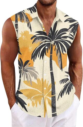 Tank Tops Men Sleeveless Hawaiian Aloha Shirt - Casual Button Down Tank Top Vest with Collar Summer Beach Tropical in Saudi Arabia