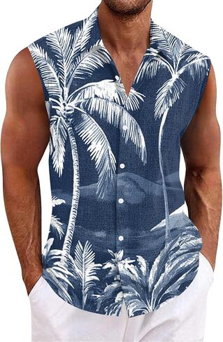 Tank Tops Men Sleeveless Hawaiian Aloha Shirt - Casual Button Down Tank Top Vest with Collar Summer Beach Tropical in Saudi Arabia