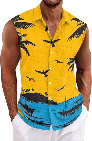 Tank Tops Men Sleeveless Hawaiian Aloha Shirt - Casual Button Down Tank Top Vest with Collar Summer Beach Tropical in Saudi Arabia