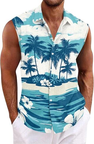 Tank Tops Men Sleeveless Hawaiian Aloha Shirt - Casual Button Down Tank Top Vest with Collar Summer Beach Tropical in Saudi Arabia