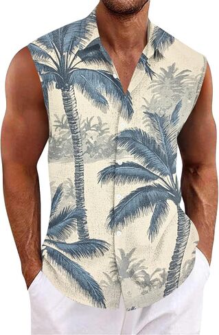 Tank Tops Men Sleeveless Hawaiian Aloha Shirt - Casual Button Down Tank Top Vest with Collar Summer Beach Tropical in Saudi Arabia