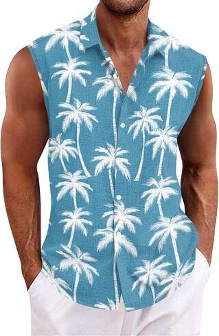Tank Tops Men Sleeveless Hawaiian Aloha Shirt - Casual Button Down Tank Top Vest with Collar Summer Beach Tropical in Saudi Arabia