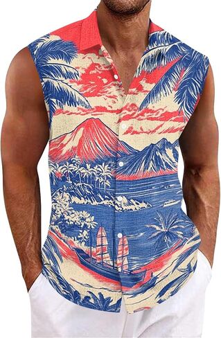 Tank Tops Men Sleeveless Hawaiian Aloha Shirt - Casual Button Down Tank Top Vest with Collar Summer Beach Tropical in Saudi Arabia