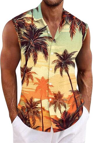 Tank Tops Men Sleeveless Hawaiian Aloha Shirt - Casual Button Down Tank Top Vest with Collar Summer Beach Tropical in Saudi Arabia