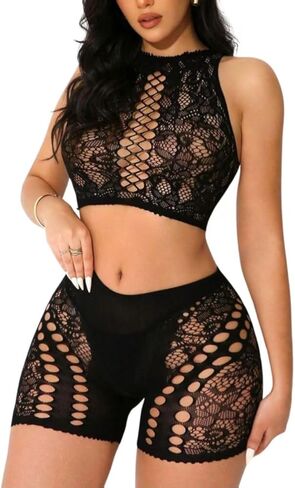 Women's Mesh 2-Piece Performance Set - Fishnet Crop Top & Shorts for Dance, Festival & Stage, Black in Saudi Arabia
