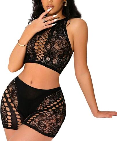 Women's Mesh 2-Piece Performance Set - Fishnet Crop Top & Shorts for Dance, Festival & Stage, Black in Saudi Arabia