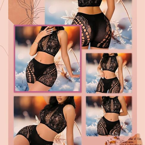 Women's Mesh 2-Piece Performance Set - Fishnet Crop Top & Shorts for Dance, Festival & Stage, Black in Saudi Arabia