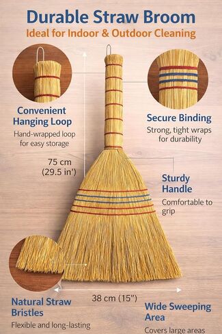 B Unique Lightweight Corn Broom – 75cm Natural Straw Broom with Reinforced Handle – Heavy-Duty Indoor/Outdoor Sweeping for Home, Garage, Patio, Hardwood Floors & Tight Corners in Saudi Arabia