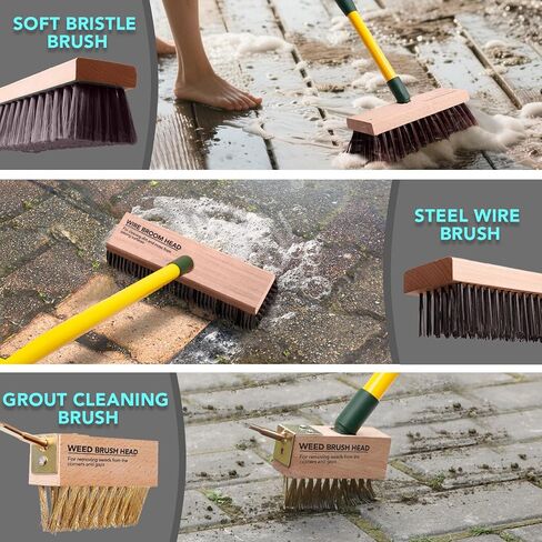 3-in-1 Wire Broom & Garden Brush Set – Adjustable 81-140cm Telescopic Handle with Nylon, Wire, and Gap Brushes for Weeding, Moss & Algae Removal, Patio Cleaning, Outdoor Scrubbing in Kuwait