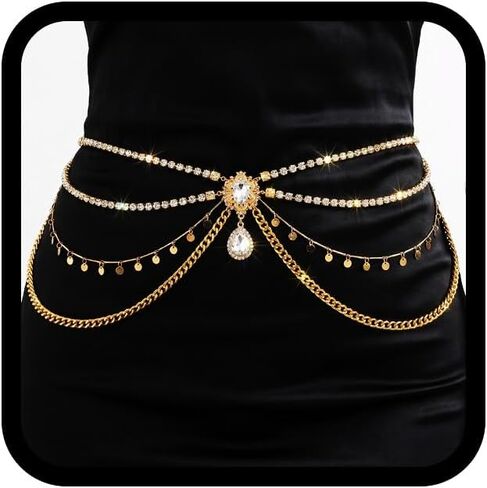 ELABEST Rhinestone Layered Chain Belt Sequin Waist Chain Body Chain Jewelry for Women and Girls in Kuwait