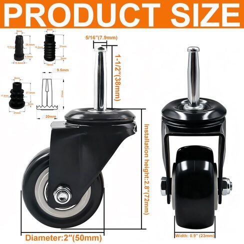مجموعة عجلات عجلات جذعية 2 بوصة - مع 5/16 بوصة × 1-1/2 بوصة (8 × 38 مم) عجلات جذعية دوارة بمقبض عنق مع مقابس حديدية وبلاستيكية للأثاث، والخزانة، وسرير الأطفال، والدولي، والعربة in Kuwait