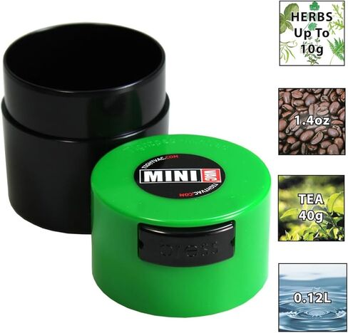 Minivac - 10g to 30 grams Airtight Multi-Use Vacuum Seal Portable Storage Container for Dry Goods, Food, and Herbs - Green Cap & Black Body in Saudi Arabia
