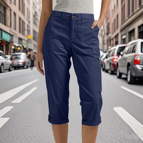 Cargo Capris Pants for Women Summer Casual High Waisted Button Hiking Rolled Petite Capris Stretch Cropped Pants with Pockets in Saudi Arabia