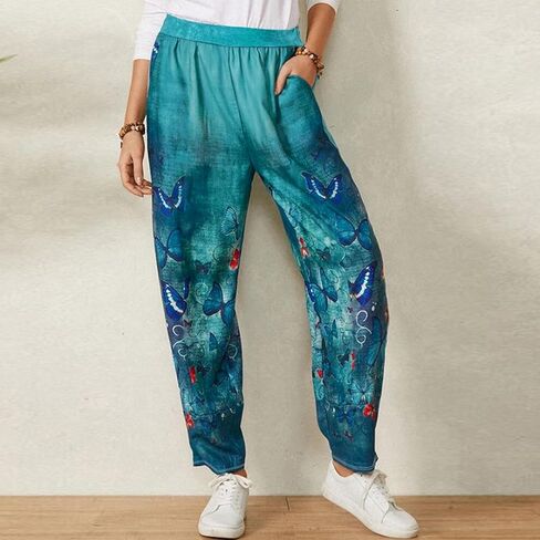 Women's Teal & Blue Butterfly Print Harem Pants, Casual Trousers in Saudi Arabia