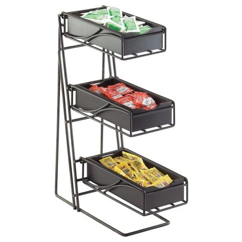 CAL-MIL 1235-13-96 3-Tier Condiment Organizer Display with Midnight Bamboo Bins and Silver Frame, Space-Saving Vertical Storage for Coffee Stations, Buffets, and Cafeterias, 18" H x 5.25" W x 14" L in Kuwait