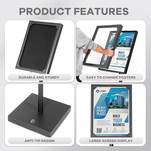 تعرض قائمة Vaste الفولاذية الكبيرة شاشة عرض إعلانية بحامل قائم على الأرض قابلة للتعديل مع غطاء وقاعدة شديدة التحمل وأقفال أضواء LED لمراكز التسوق والمطاعم والمؤتمرات والمعارض (أسود) in Kuwait