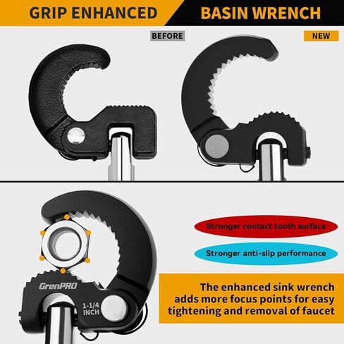 GRENPRO 11" Basin Wrench, Sink Wrench Faucet Tool for Tight Spaces, Adjustable Tap Nut Plumbing Spanner for Professional Plumber, Capacity of 3/8" to 1-1/4" Faucet Wrenches for Undermount Sink in Kuwait