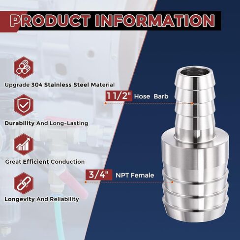 Pack of 2, 304 Stainless Steel Hose Barbs Fittings 1 1/2" Hose Barbs to 3/4" Fittings, Stainless Steel Hex Bars for Home Machines, Massage Bathtubs, and Irrigation Systems in Kuwait