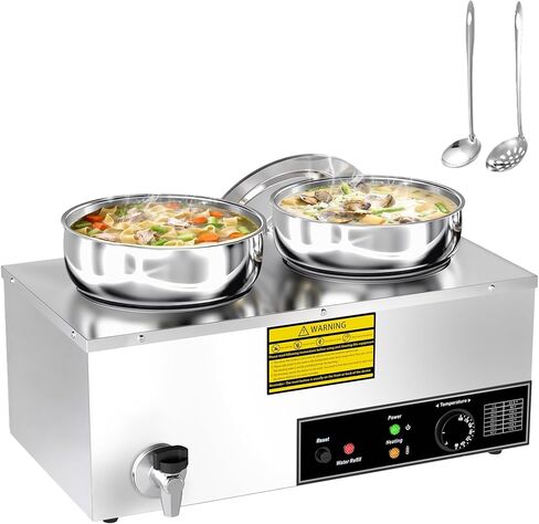 Soup Warmer, 2X7.4QT Stainless Steel Round Pot Food Warmer, 86°F~185°F Adjustable, 1200W Commercial Bain Marie with Drain Faucet, Buffet Warmer Steam Table for Restaurant Catering Parties in Kuwait