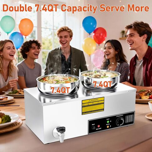 Soup Warmer, 2X7.4QT Stainless Steel Round Pot Food Warmer, 86°F~185°F Adjustable, 1200W Commercial Bain Marie with Drain Faucet, Buffet Warmer Steam Table for Restaurant Catering Parties in Kuwait