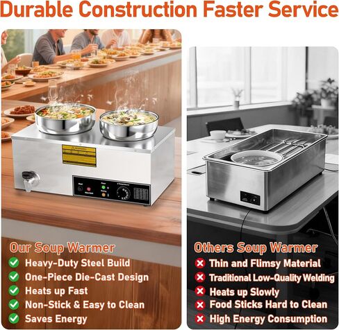 Soup Warmer, 2X7.4QT Stainless Steel Round Pot Food Warmer, 86°F~185°F Adjustable, 1200W Commercial Bain Marie with Drain Faucet, Buffet Warmer Steam Table for Restaurant Catering Parties in Kuwait