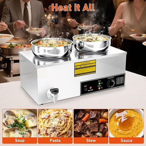 Soup Warmer, 2X7.4QT Stainless Steel Round Pot Food Warmer, 86°F~185°F Adjustable, 1200W Commercial Bain Marie with Drain Faucet, Buffet Warmer Steam Table for Restaurant Catering Parties in Kuwait