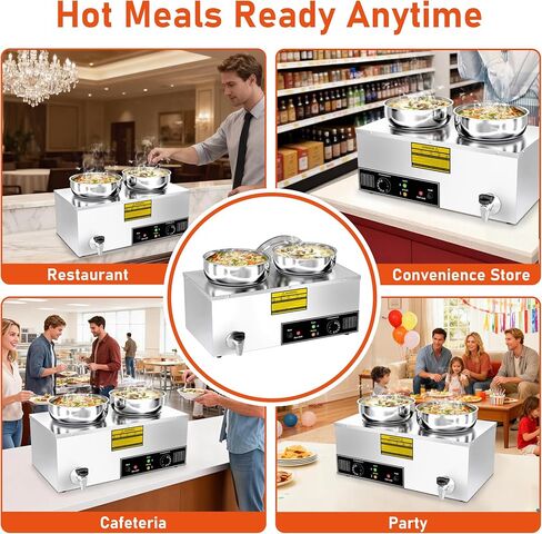 Soup Warmer, 2X7.4QT Stainless Steel Round Pot Food Warmer, 86°F~185°F Adjustable, 1200W Commercial Bain Marie with Drain Faucet, Buffet Warmer Steam Table for Restaurant Catering Parties in Kuwait