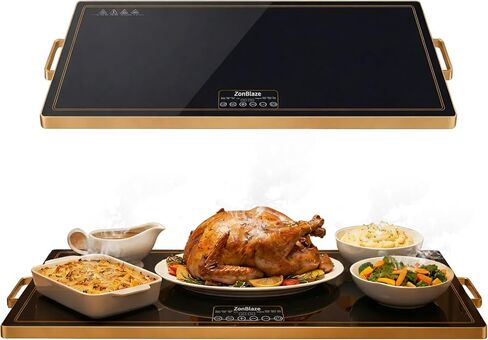 Electric Warming Tray (32"x18") with Handles, Food Warmer with Thermostat & Full Surface Heating, Warming Mat for Buffets Party Gatherings, Gold Edge (XL (32"x18") with Handles) in Saudi Arabia