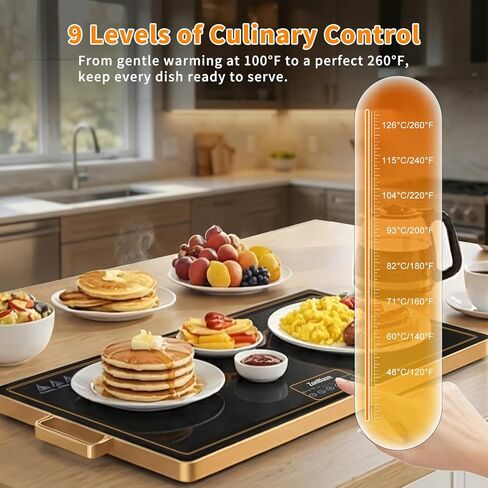 Electric Warming Tray (32"x18") with Handles, Food Warmer with Thermostat & Full Surface Heating, Warming Mat for Buffets Party Gatherings, Gold Edge (XL (32"x18") with Handles) in Saudi Arabia