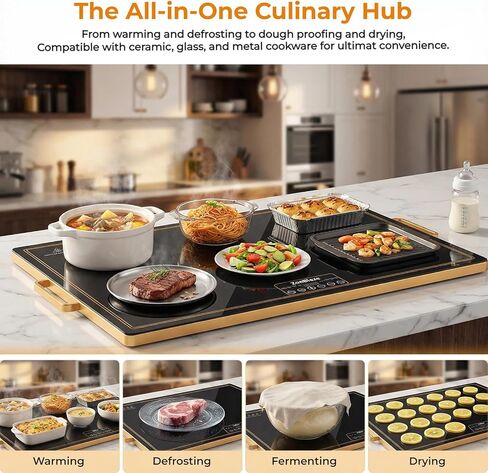 Electric Warming Tray (32"x18") with Handles, Food Warmer with Thermostat & Full Surface Heating, Warming Mat for Buffets Party Gatherings, Gold Edge (XL (32"x18") with Handles) in Saudi Arabia