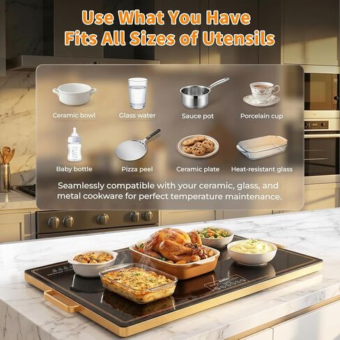 Electric Warming Tray (32"x18") with Handles, Food Warmer with Thermostat & Full Surface Heating, Warming Mat for Buffets Party Gatherings, Gold Edge (XL (32"x18") with Handles) in Saudi Arabia