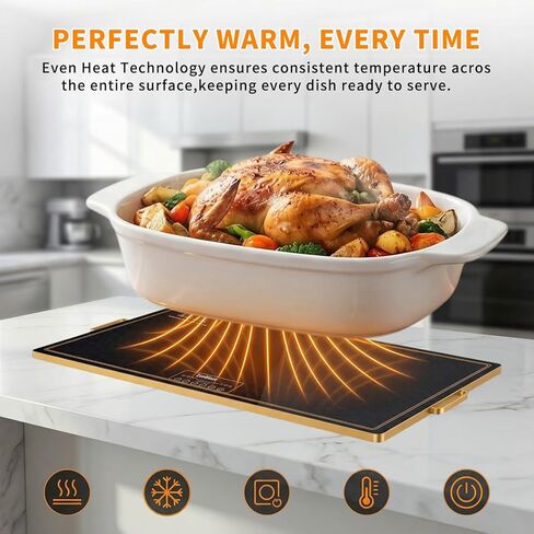Electric Warming Tray (32"x18") with Handles, Food Warmer with Thermostat & Full Surface Heating, Warming Mat for Buffets Party Gatherings, Gold Edge (XL (32"x18") with Handles) in Saudi Arabia