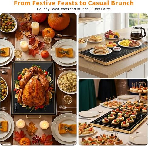 Electric Warming Tray (32"x18") with Handles, Food Warmer with Thermostat & Full Surface Heating, Warming Mat for Buffets Party Gatherings, Gold Edge (XL (32"x18") with Handles) in Saudi Arabia