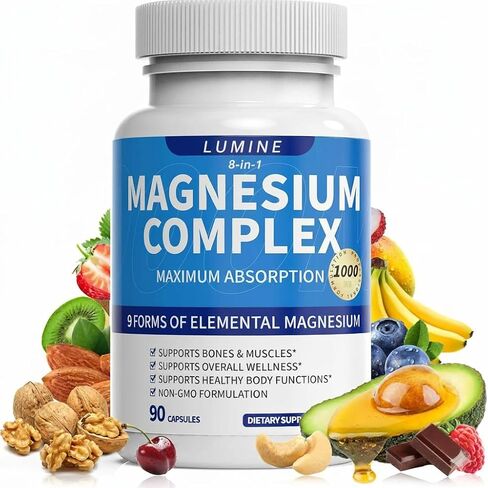 مكمل مركب لومين المغنيسيوم - عنصري متطور 8 في 1 1000 مجم - جليسينات، سيترات، مالات، تورات، مخلب لسهولة الامتصاص، استعادة الطاقة، 90 كبسولة in Kuwait