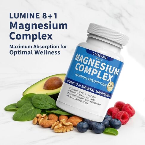 مكمل مركب لومين المغنيسيوم - عنصري متطور 8 في 1 1000 مجم - جليسينات، سيترات، مالات، تورات، مخلب لسهولة الامتصاص، استعادة الطاقة، 90 كبسولة in Kuwait