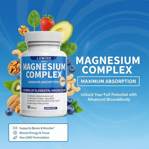 مكمل مركب لومين المغنيسيوم - عنصري متطور 8 في 1 1000 مجم - جليسينات، سيترات، مالات، تورات، مخلب لسهولة الامتصاص، استعادة الطاقة، 90 كبسولة in Kuwait