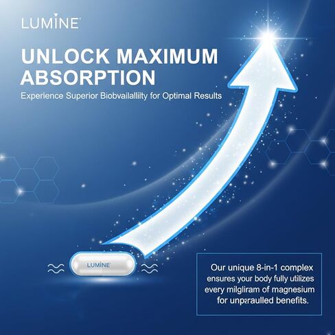 مكمل مركب لومين المغنيسيوم - عنصري متطور 8 في 1 1000 مجم - جليسينات، سيترات، مالات، تورات، مخلب لسهولة الامتصاص، استعادة الطاقة، 90 كبسولة in Kuwait