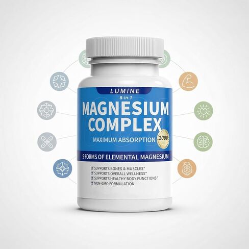 مكمل مركب لومين المغنيسيوم - عنصري متطور 8 في 1 1000 مجم - جليسينات، سيترات، مالات، تورات، مخلب لسهولة الامتصاص، استعادة الطاقة، 90 كبسولة in Kuwait