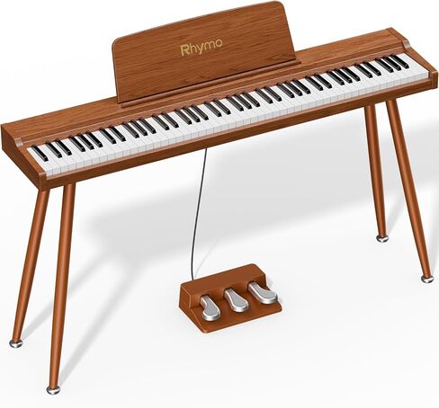 Rhymo 88-Key Digital Piano with Stand, Semi-Weighted Keyboard, Bluetooth Audio/MIDI, Dual Player Mode, 20W Speakers, Microphone Input, Triple Pedal for Beginners to Professional (Retro Wood) in Kuwait