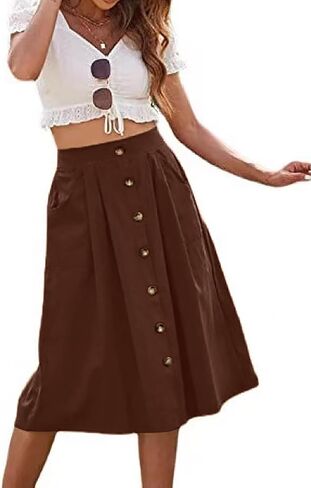 Midi Skirts for Womens High Elastic Waist Pleated A Line Midi Skirt Casual Button Front Flared Skirts with Pockets in Saudi Arabia