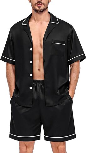 مجموعات بيجامات Swomog Satin Satin للرجال قصير الأكمام من قطعة 2 قطعة لأسفل مجموعات ملابس نوم للملابس الترابية مع جيوب in Saudi Arabia