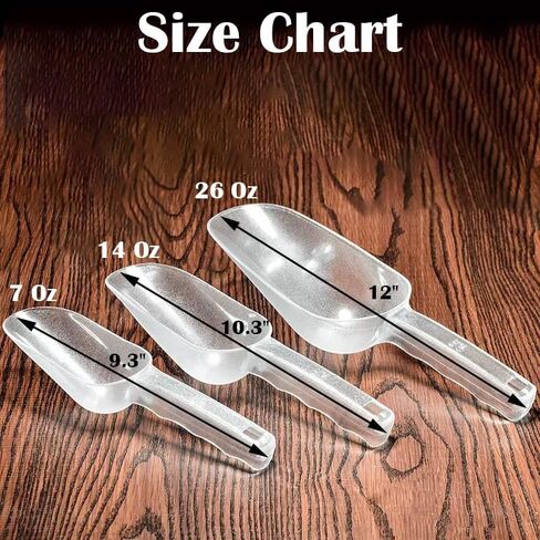 3 Pack Ice Scoop, 26oz/14oz/7oz Clear Plastic Kitchen Ice Scoop for Canisters or Ice Maker, Food Scoops for Canisters, Freezer, Flour, Dry Foods, Coffee Beans, Pop Corn, Pet Dog Cat Food (Round Base) in Kuwait
