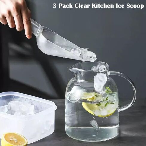 3 Pack Ice Scoop, 26oz/14oz/7oz Clear Plastic Kitchen Ice Scoop for Canisters or Ice Maker, Food Scoops for Canisters, Freezer, Flour, Dry Foods, Coffee Beans, Pop Corn, Pet Dog Cat Food (Round Base) in Kuwait